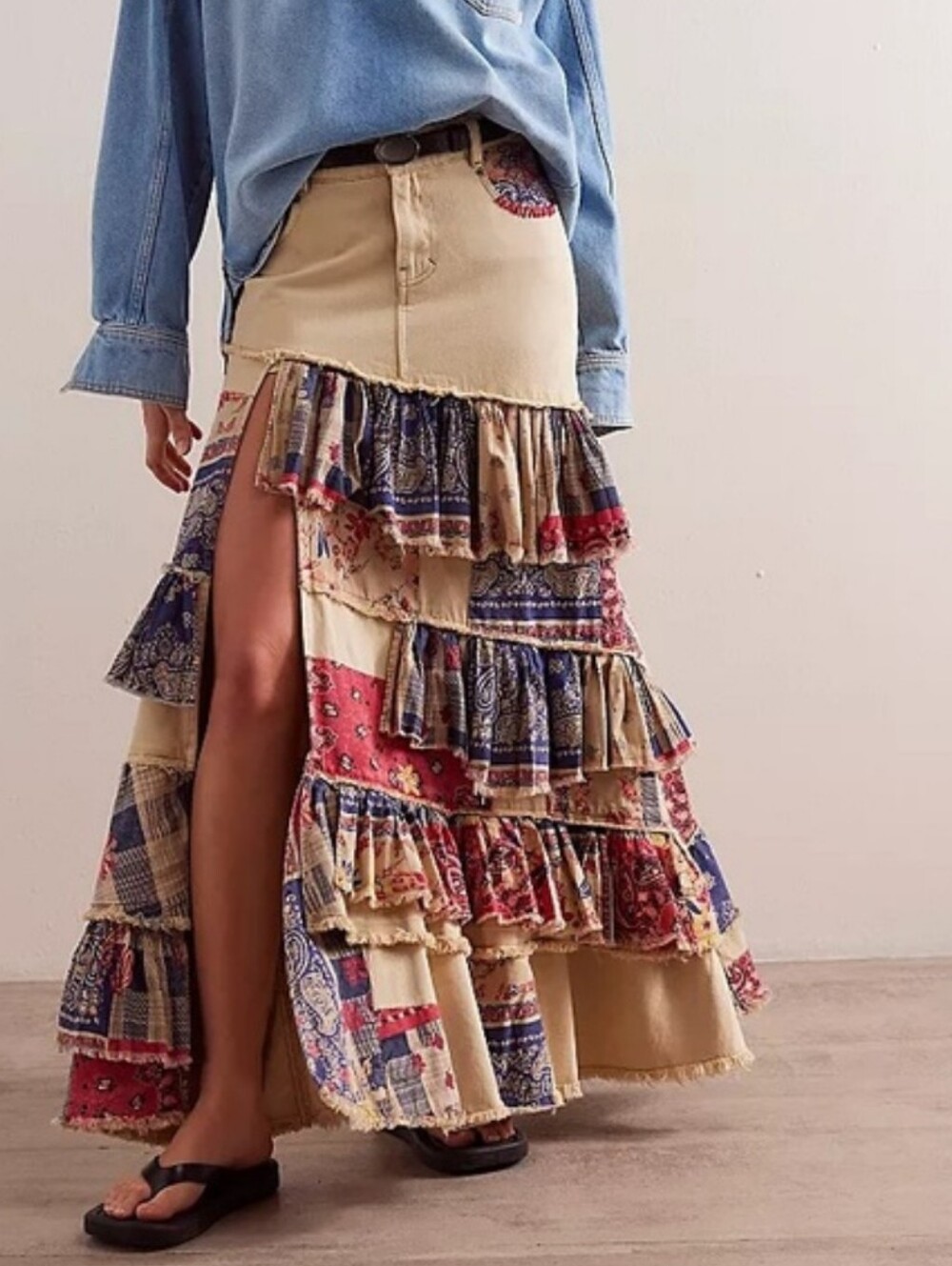 Free People Harvest Moon Maxi Skirt Americana Combo Western Patchwork Sz 25 NWT
